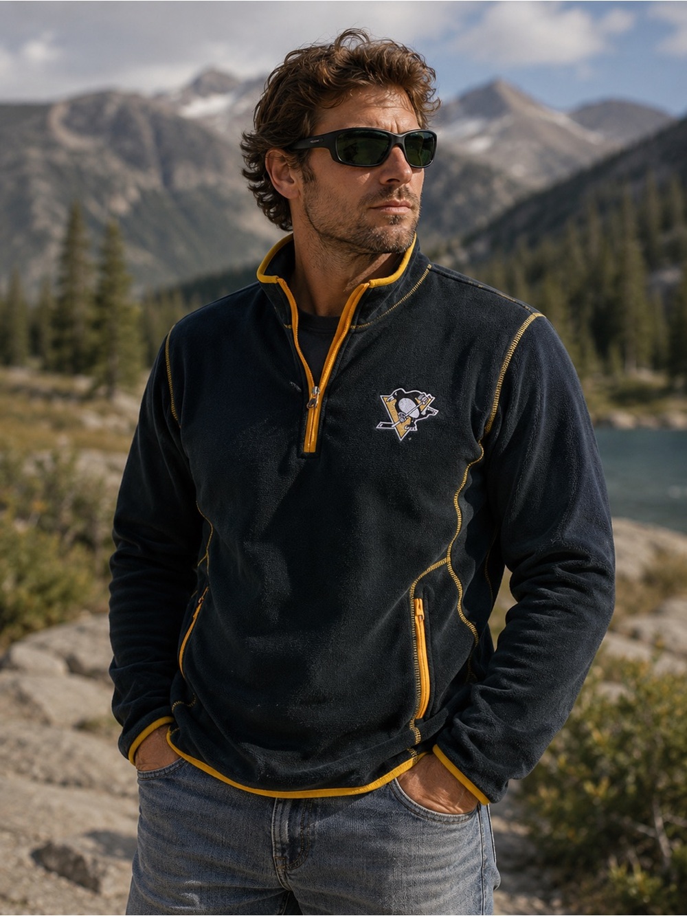 Antigua Pittsburgh Penguins Black Gold quarter Zip Men's fleece Pullover XL NHL